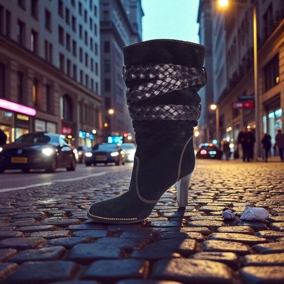 Vintage COACH Randie Belted Slouch Boots black suede 8 - Picture 6 of 12